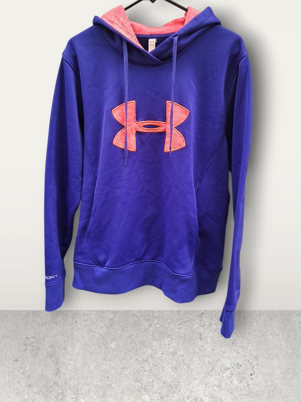 Under Armour Girls Blue Hoodie with Pink/Coral Logo and Lined Hood